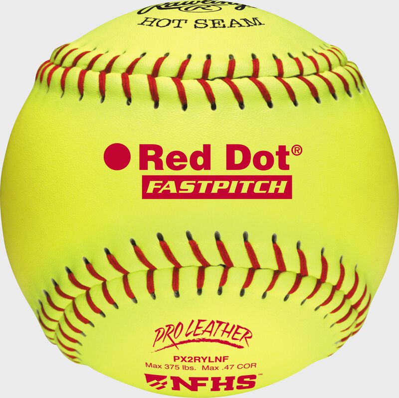 A yellow Rawlings 12-inch Pro Leather Red Dot NFHS fastpitch softball with red seams