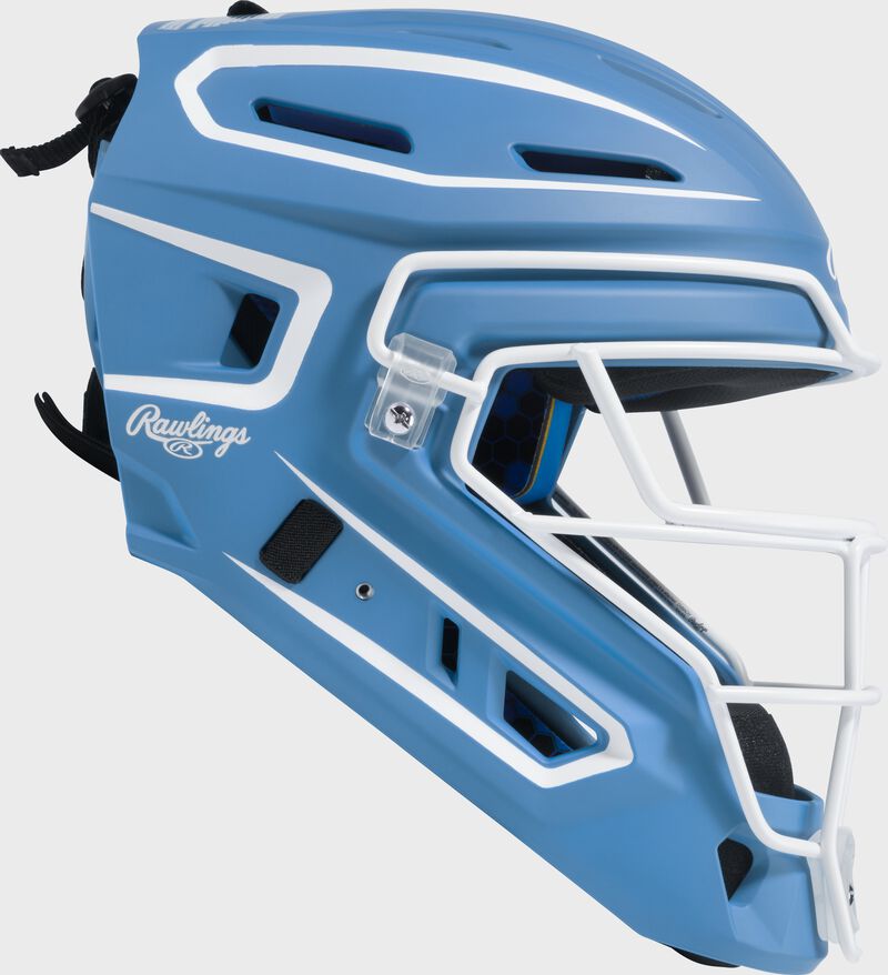 Right side of a Columbia blue Rawlings Mach Pro Series catcher's helmet loading=