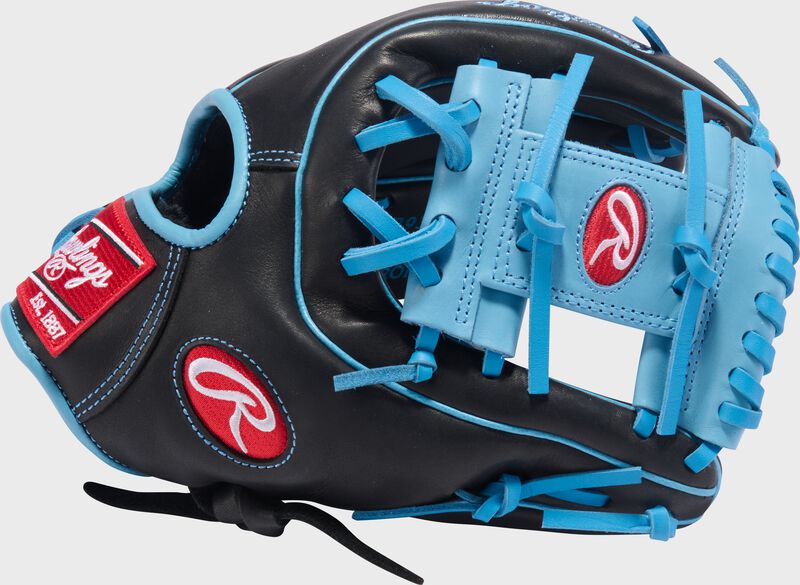 Black thumb of a R9 Series 11.5-Inch Infield Glove with a Columiba blue Pro I-web loading=