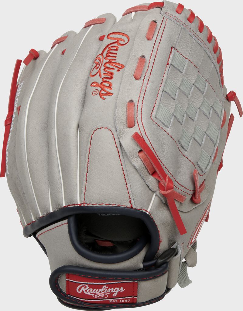 Back of a gray Mike Trout signature Sure Catch glove with a red Rawlings patch on the velcro wrist strap - SKU: SC110MT