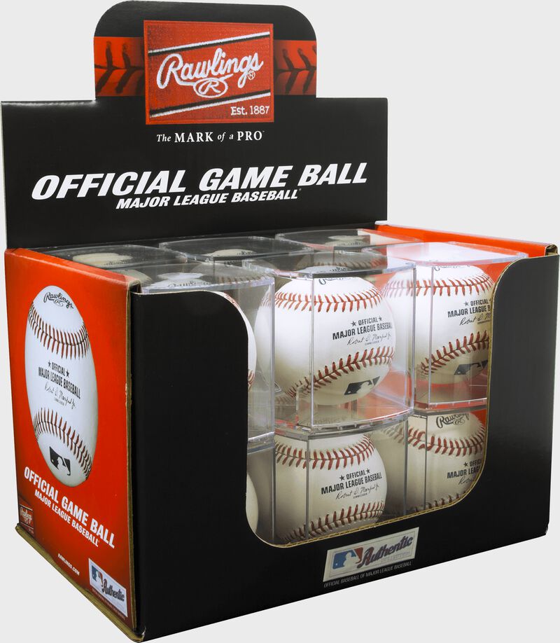 A box of a dozen MLB baseball in display cubes - SKU: ROMLB-R
