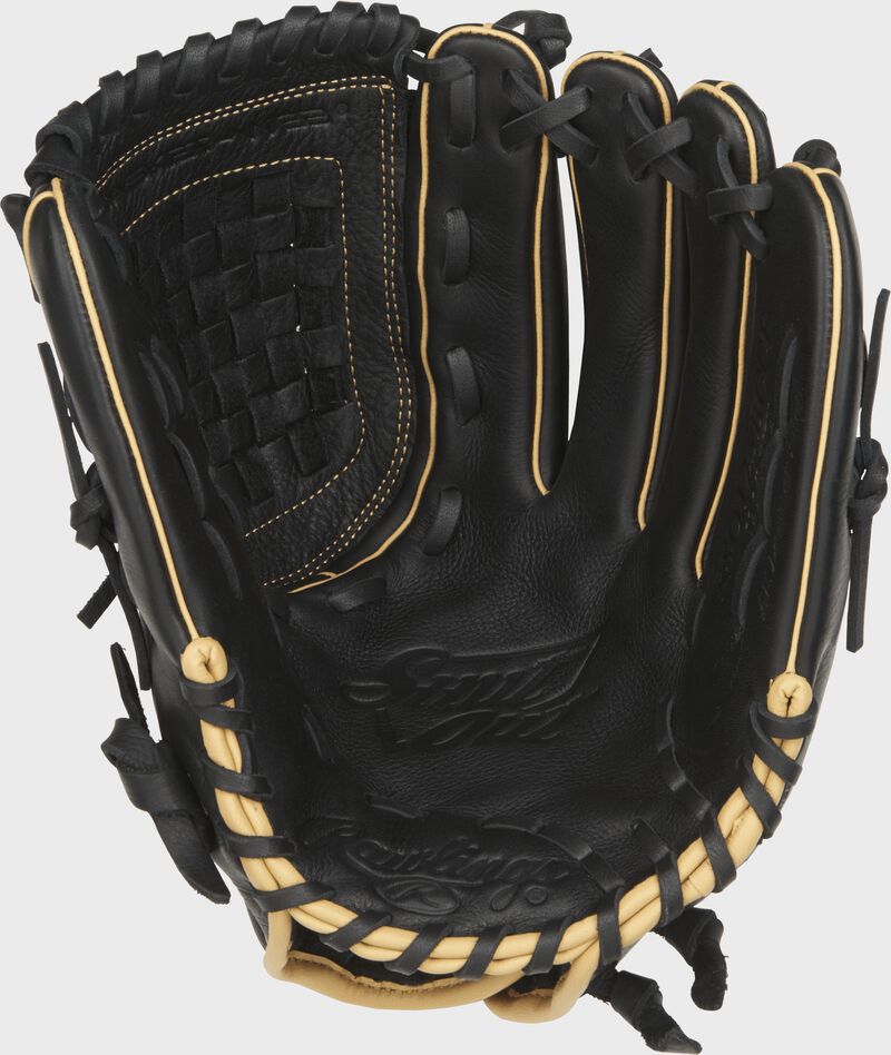 RSO125BCCF Rawlings 12.5-inch finger shift softball outfield glove with a black palm and black laces