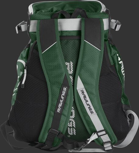 Back of a dark green VELOBK Rawlings Velo backpack with dark green shoulder straps