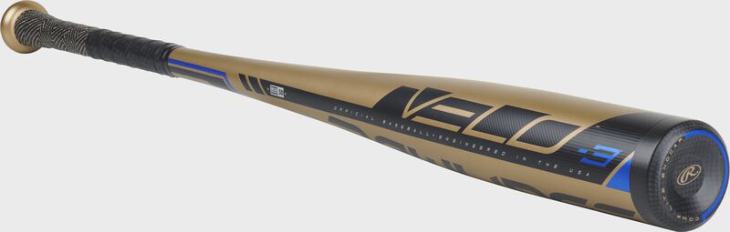 3/4 angle view of a BB9V3 -3 BBCOR Velo bat with a gold barrel and black/blue accents
