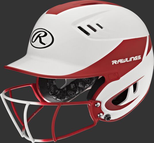 A white/scarlet R16H2FGS Velo junior batting helmet with a white/scarlet facemask