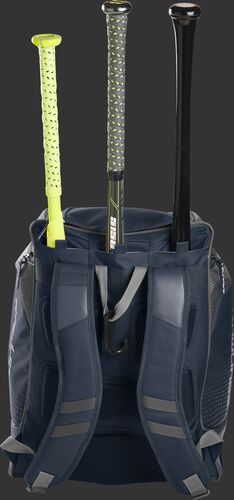 Back of a navy Rawlings Legion baseball bag with 3 bats in the bat storage sleeve - SKU: LEGION-N