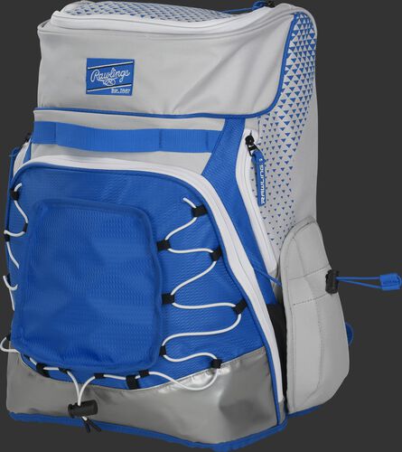Front left of a white/royal R800 softball backpack