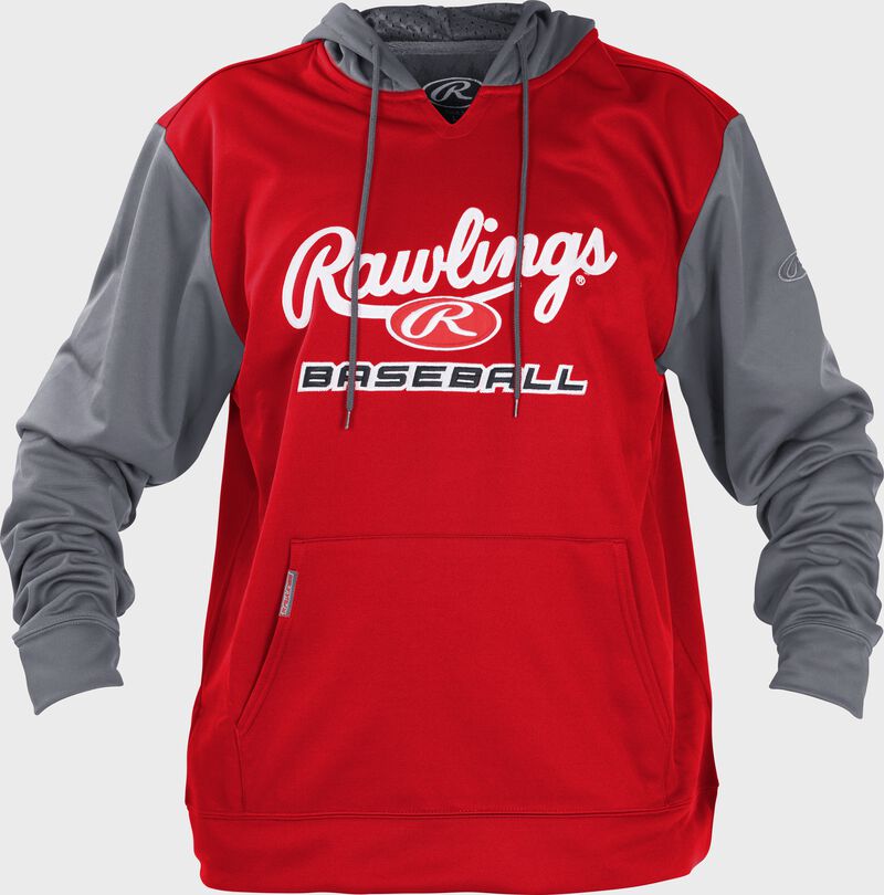Front of Rawlings Scarlet/Gray Adult long Sleeve Hoodie - SKU #PFHPRBB-GR-88