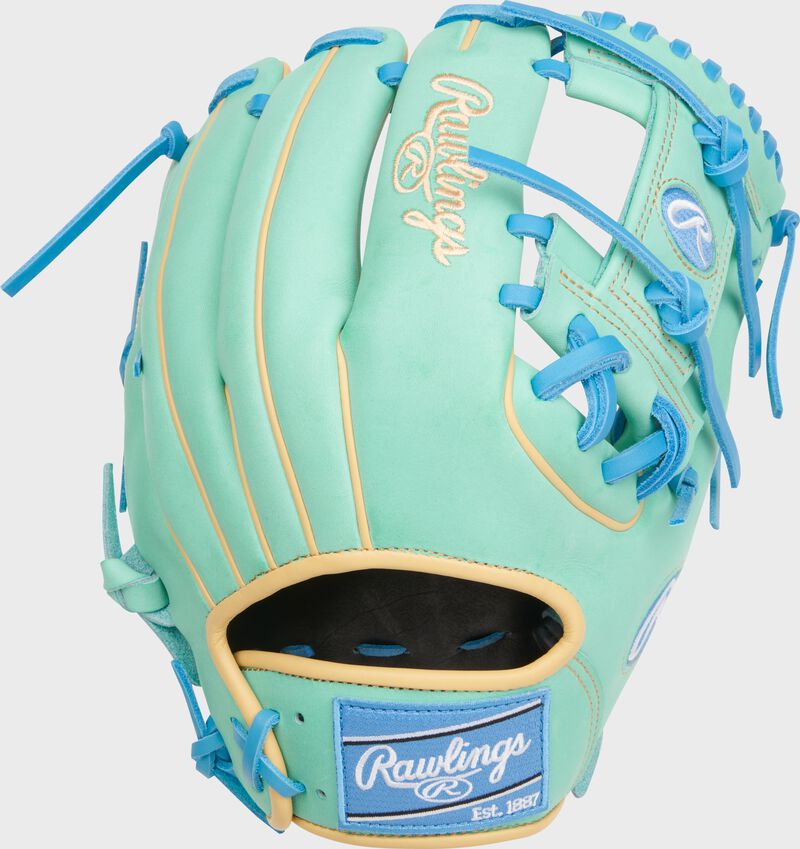 Back of a Heart of the Hide 11.75-Inch Mint Infield Glove with a Columbia blue Rawlings patch