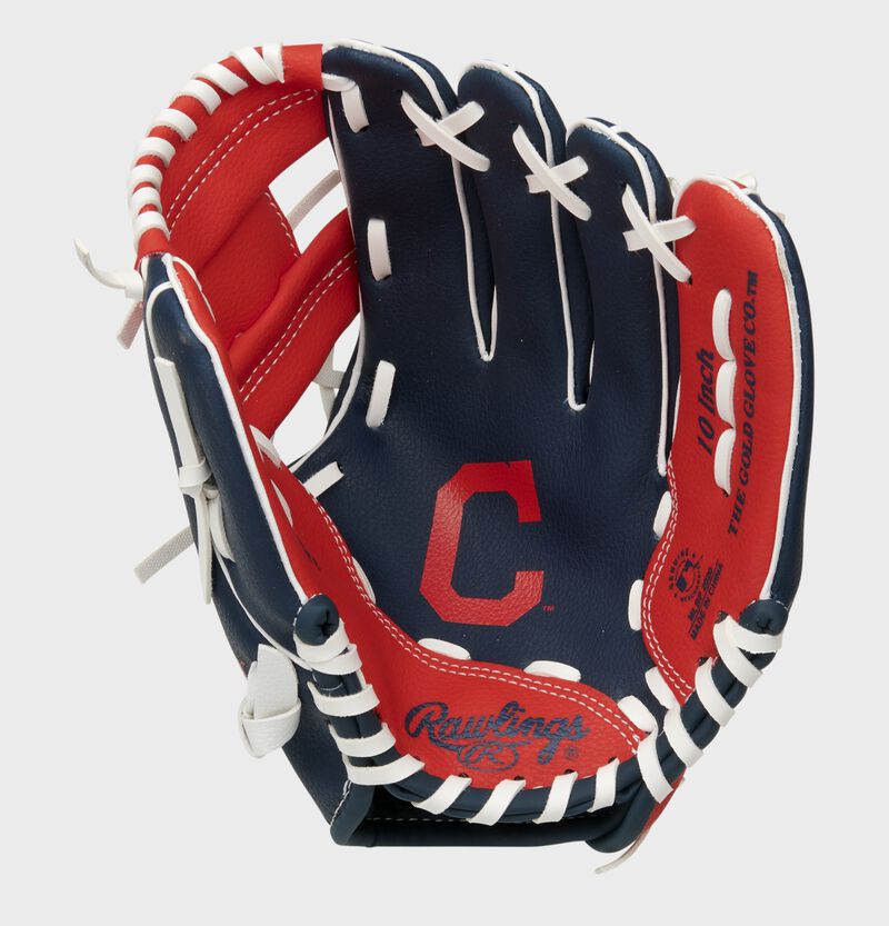 A navy/red Rawlings Cleveland Baseball Team youth glove with a Cleveland logo stamped in the palm - SKU: 22000014111 loading=