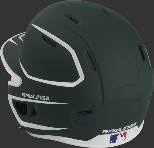 Back left view of a matte dark green/white MACH series batting helmet with air vents