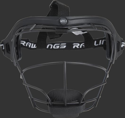 Front of Rawlings Black Softball Fielders Mask With Brand Name Strap SKU #RSBFMJ-B