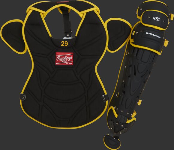 A black/yellow pro model chest protector and leg guard