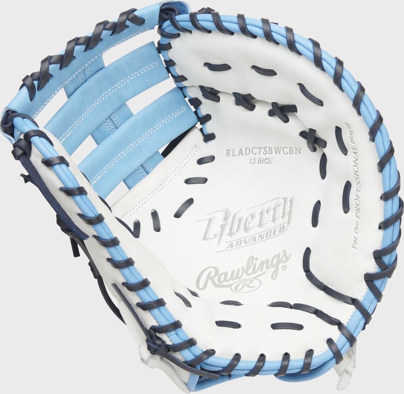 White palm of a Rawlings Liberty Advanced Color Series 1st base mitt with navy laces - SKU: RLADCTSBWCBN