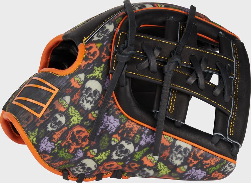 Thumb of a limited edition Halloween REV1X infield glove with a black split, laced single post web - SKU: REV204-32BOO