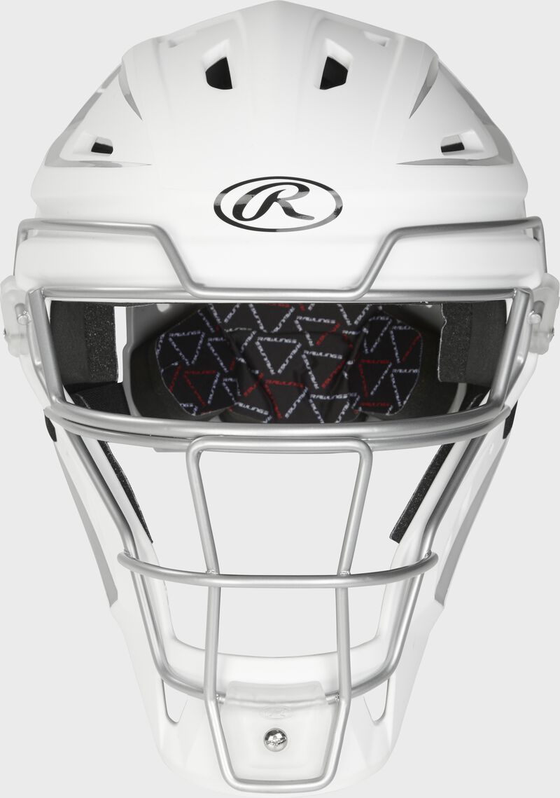 Front of a white Velo 2.0 catcher's helmet