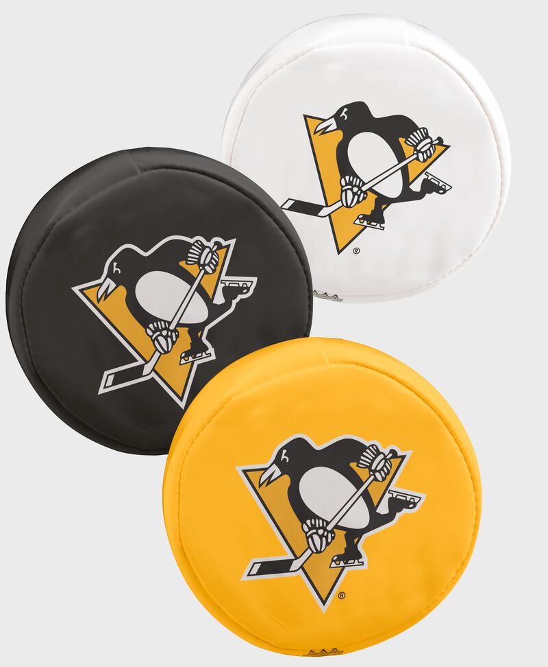 A Pittsburgh Penguins three puck softee set with 1 white, 1 black and 1 yellow team logo puck - SKU: 00614103111 loading=