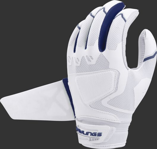 A white/navy FPWPBG-N Rawlings women's Workhorse batting glove with the Impax pad removed