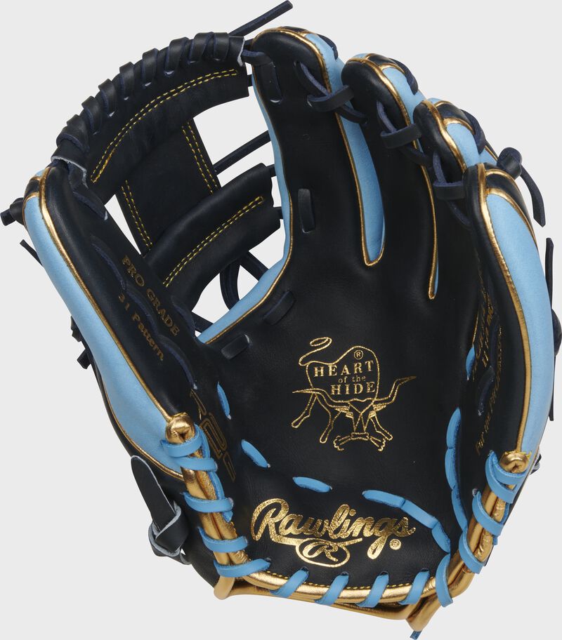 Navy palm of a Rawlings Heart of the Hide R2G infield glove with navy laces and gold stamping - SKU: PROR314-2NCB