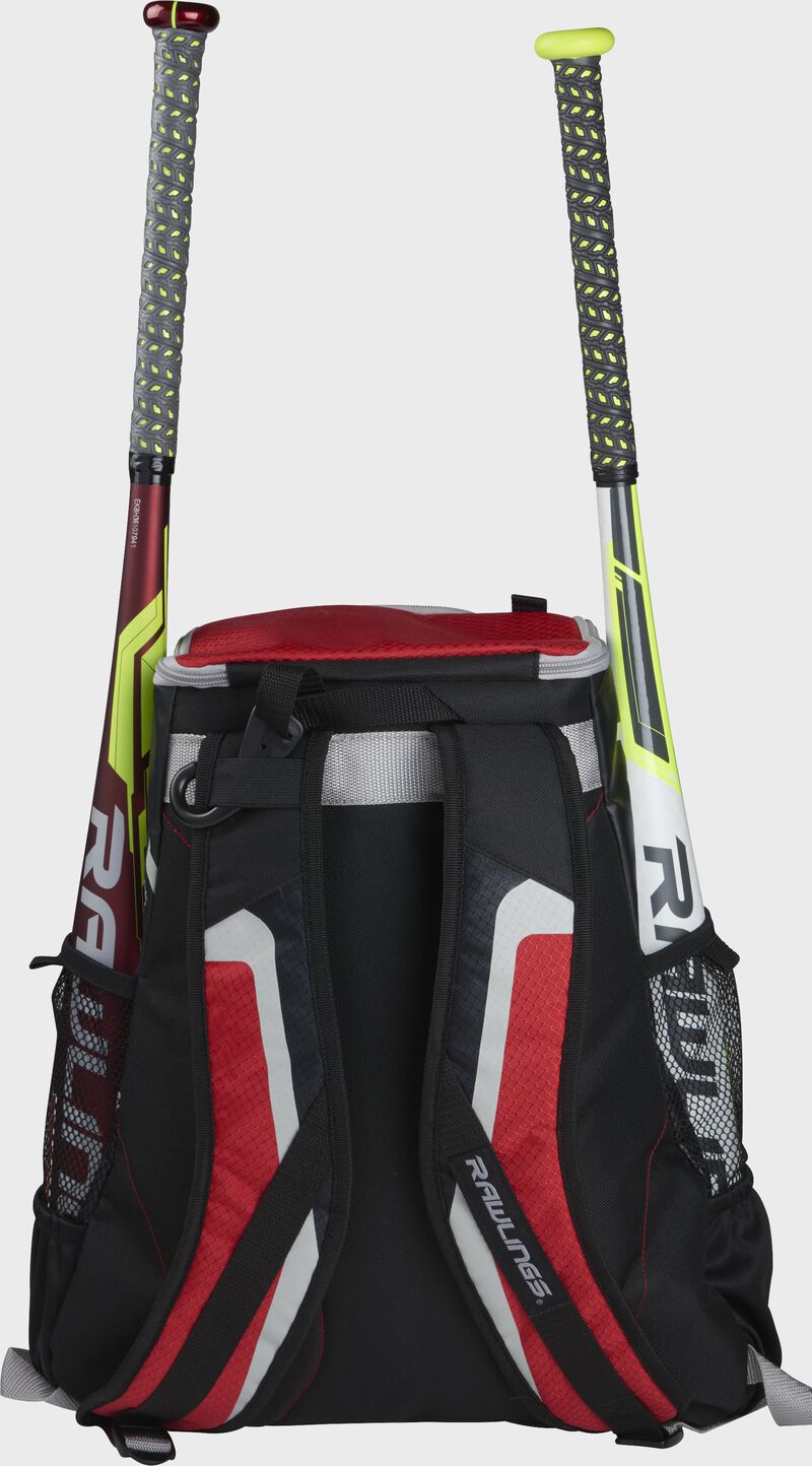 Back of a black/scarlet R500 team backpack with two bats in the side sleeves