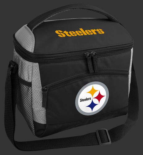 A black Pittsburgh Steelers 12 can soft sided cooler with a team logo on the front - SKU: 10111082111