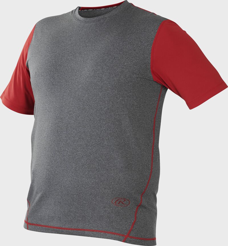 Front of Rawlings Gray/Scarlet Adult Hurler Performance Short Sleeve Shirt - SKU #HSS loading=