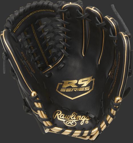 Black palm of a Rawlings R9 series infield/pitcher's glove with a gold palm stamp and black laces - SKU: R9205-4BG