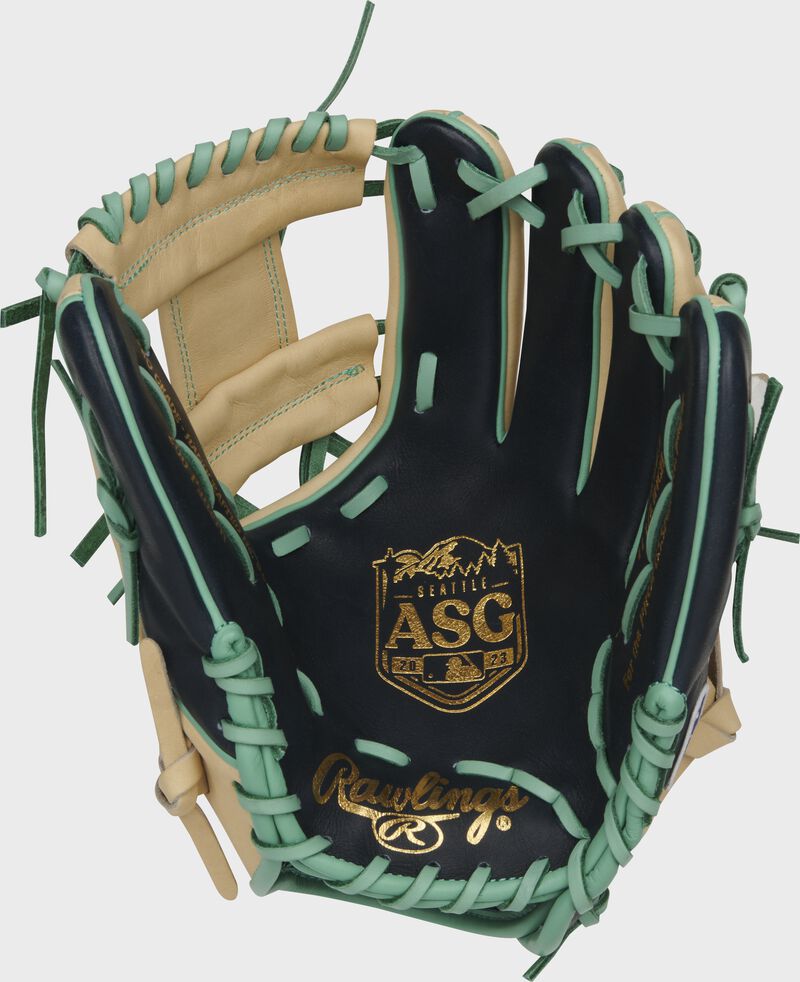 Black palm of a Rawlings Heart of the Hide glove with the MLB All-Star Game logo stamped in gold on the palm - SKU: RSGRPROASG2023