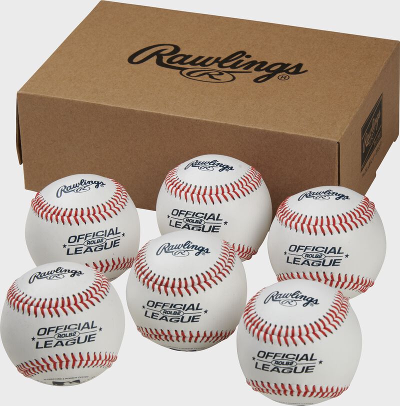 6 Rawlings Official League practice baseballs in front of a box - SKU: RSGROLB2PK6