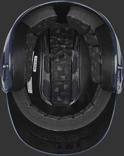 Inside of a navy R1601 Velo batting helmet with black foam padding