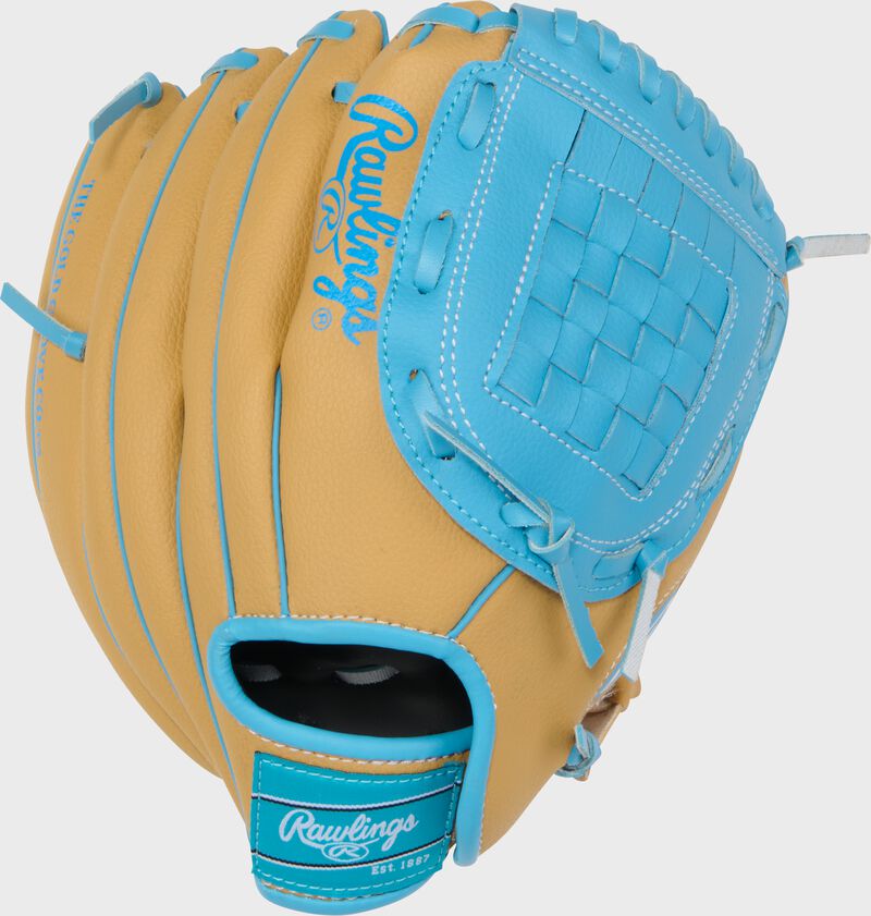 Camel back of a Rawlings Flex Palm Series 10-Inch Youth Baseball Glove with a Columbia blue Rawlings patch loading=