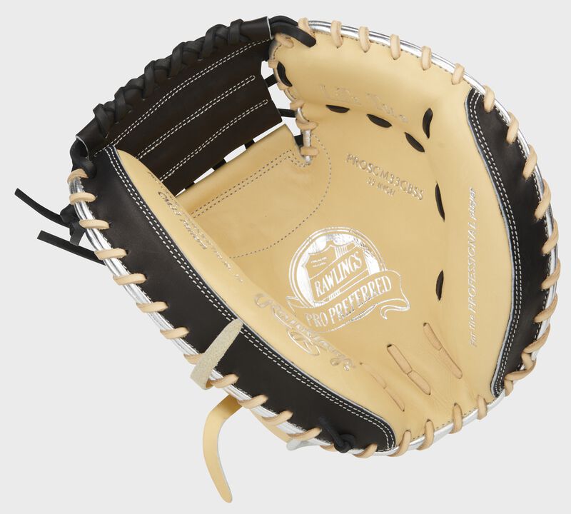Camel palm of a Pro Preferred catcher's mitt with silver palm stamping and black trim - SKU: PROSCM33CBSS