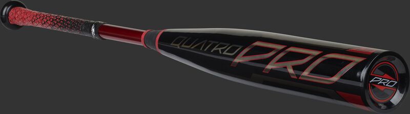 Angled view of a Rawlings Quatro Pro high school/college bat with a black barrel - SKU: BB1Q3