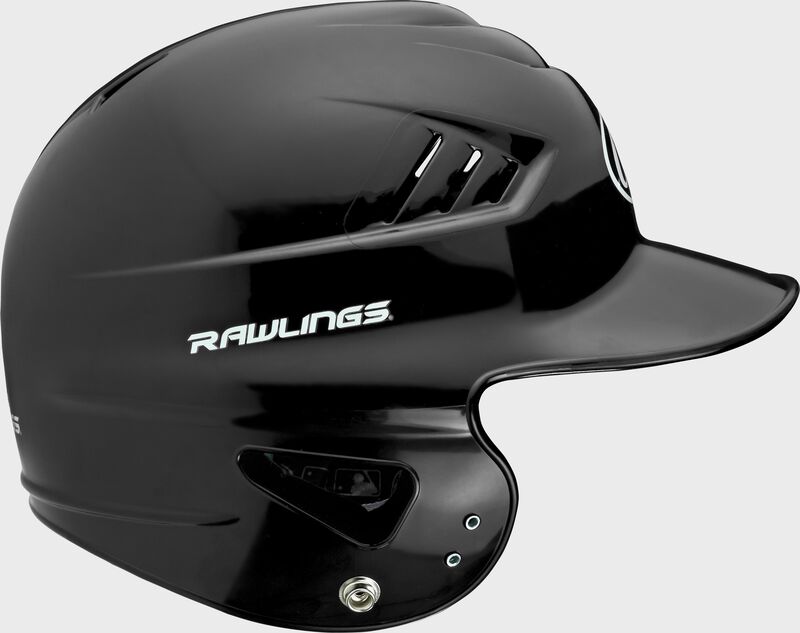 Right side of a black RCFTB Rawlings Coolflo t-ball batting helmet