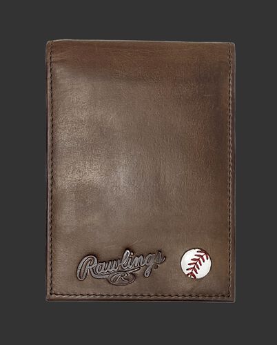 A brown Play Ball front pocket wallet with the Rawlings logo and ball emblem in the bottom right corner - SKU: MW496-200