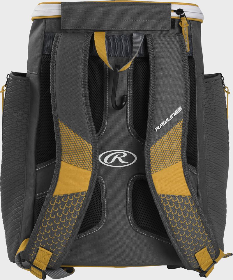 Back of a light gold Rawlings Impulse baseball backpack with gray shoulder straps - SKU: IMPLSE-LG