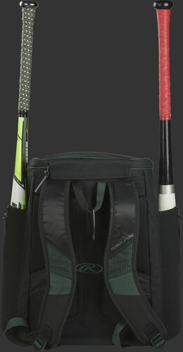 Back of a dark green/black R600 Rawlings baseball backpack with two bats