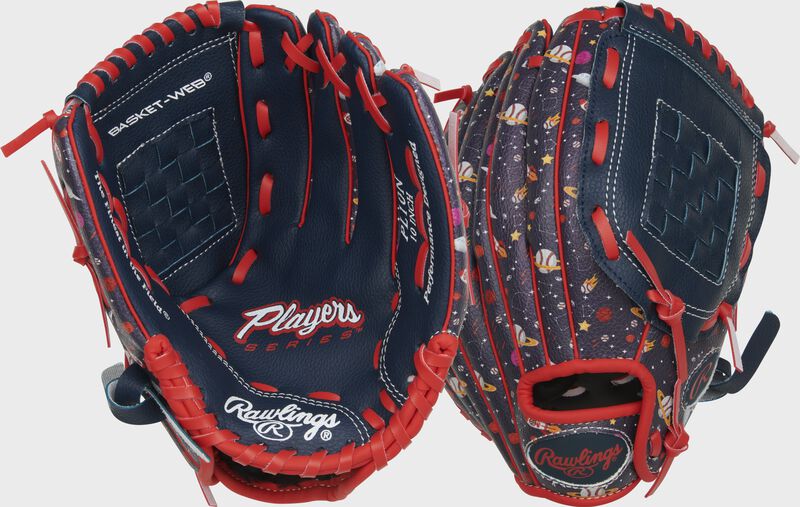 2 views showing the palm/back of a navy/space print Players Series 10" youth glove - SKU: RPL10N