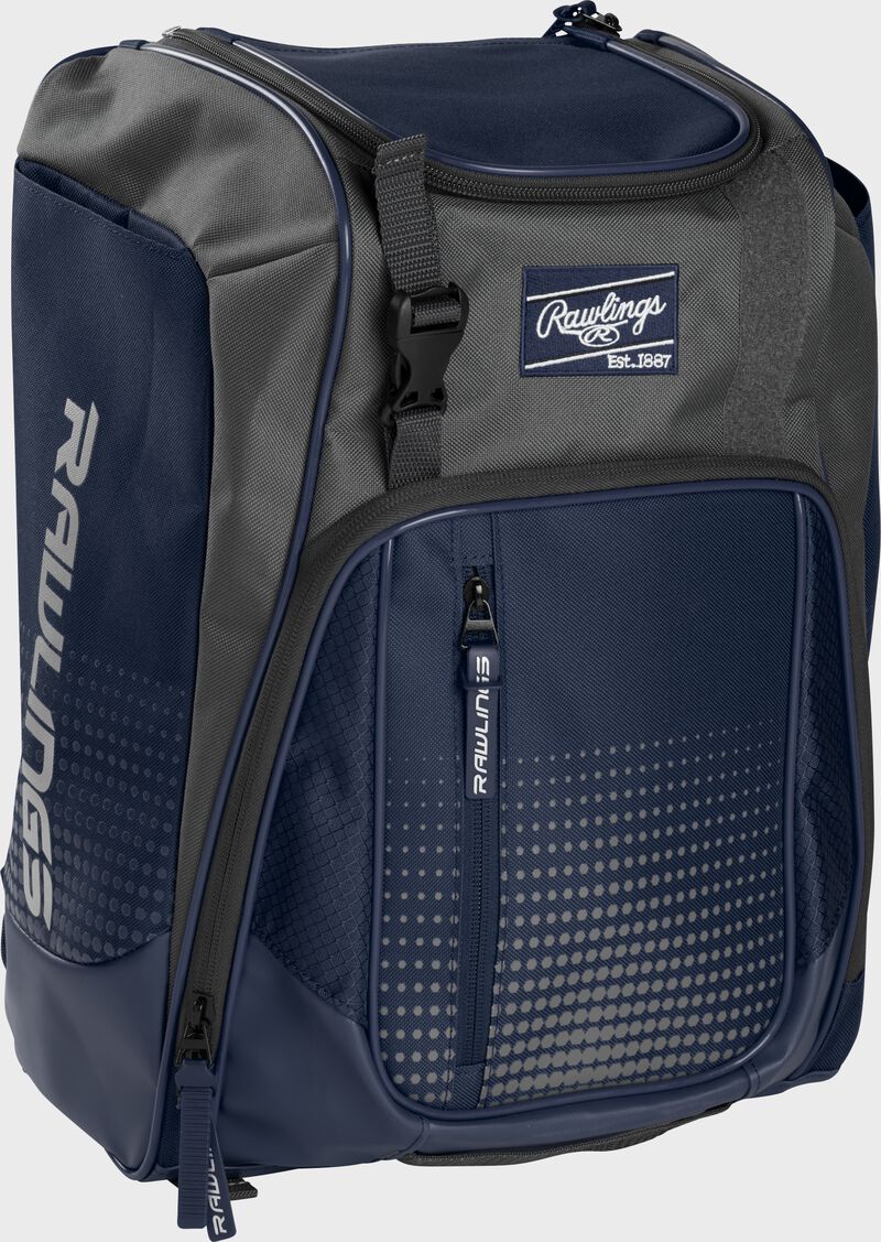 Front left angle of a navy Rawlings Franchise bag with gray accents - SKU: FRANBP-N
