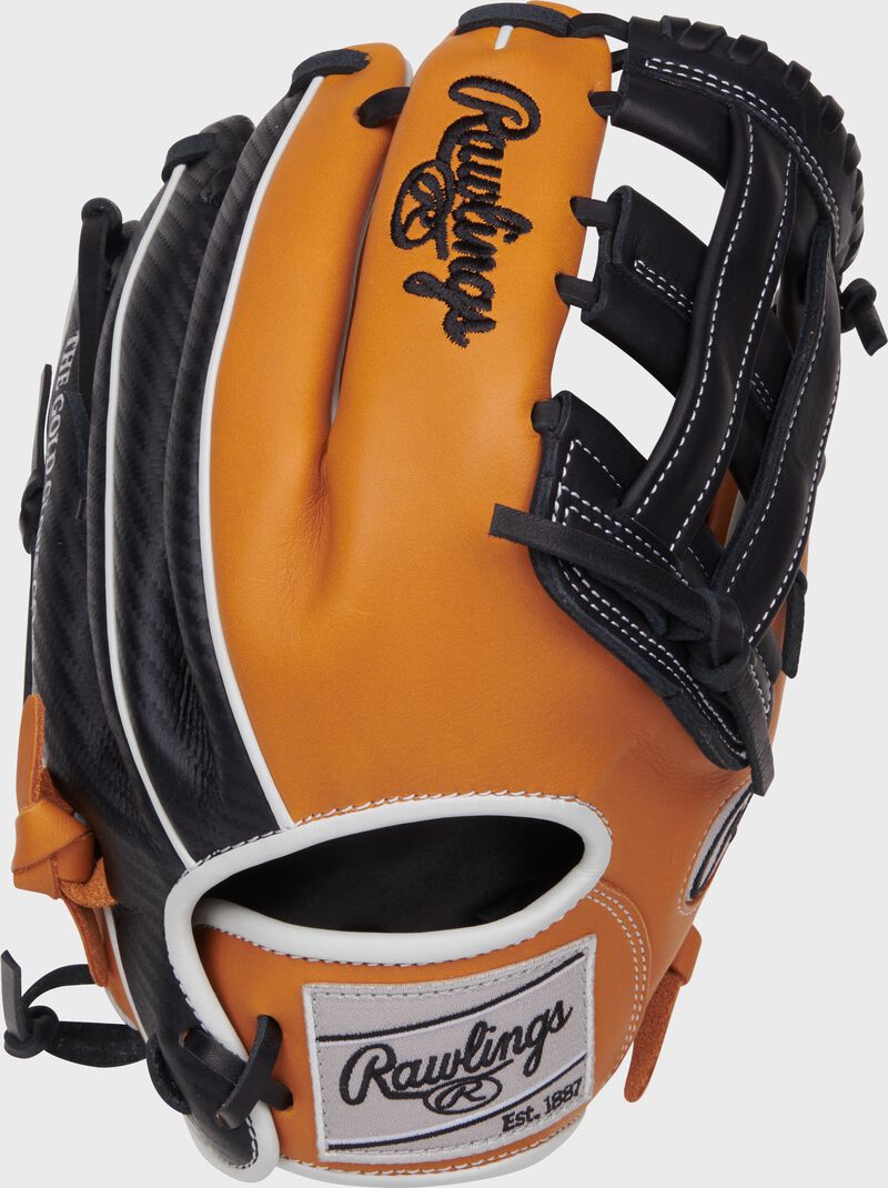 Tan/black back of a NXT Series 11.75" H-web glove with a gray Rawlings patch