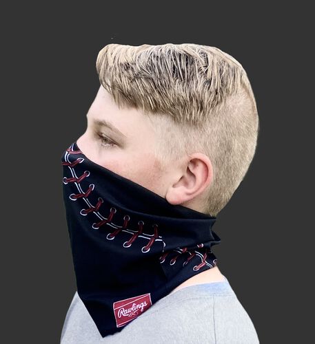 A kid wearing a black baseball stitch neck gaiter with it covering his mouth and nose - SKU: YRC40001-001