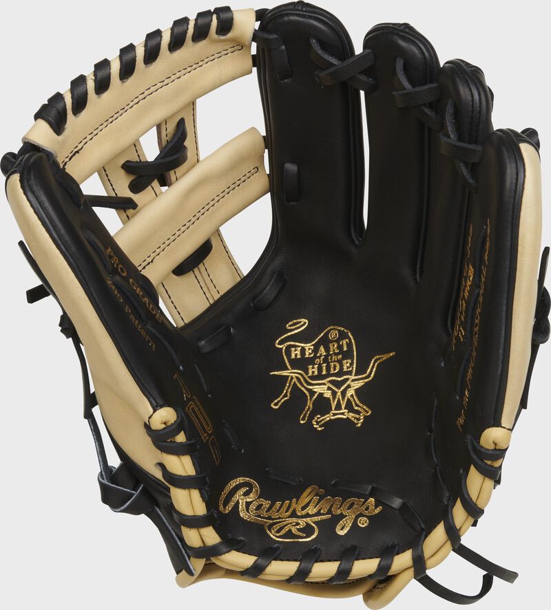 Black palm of a Rawlings Heart of the Hide R2G ContoUR fit glove with black laces and gold stamping - SKU: PROR205U-32B
