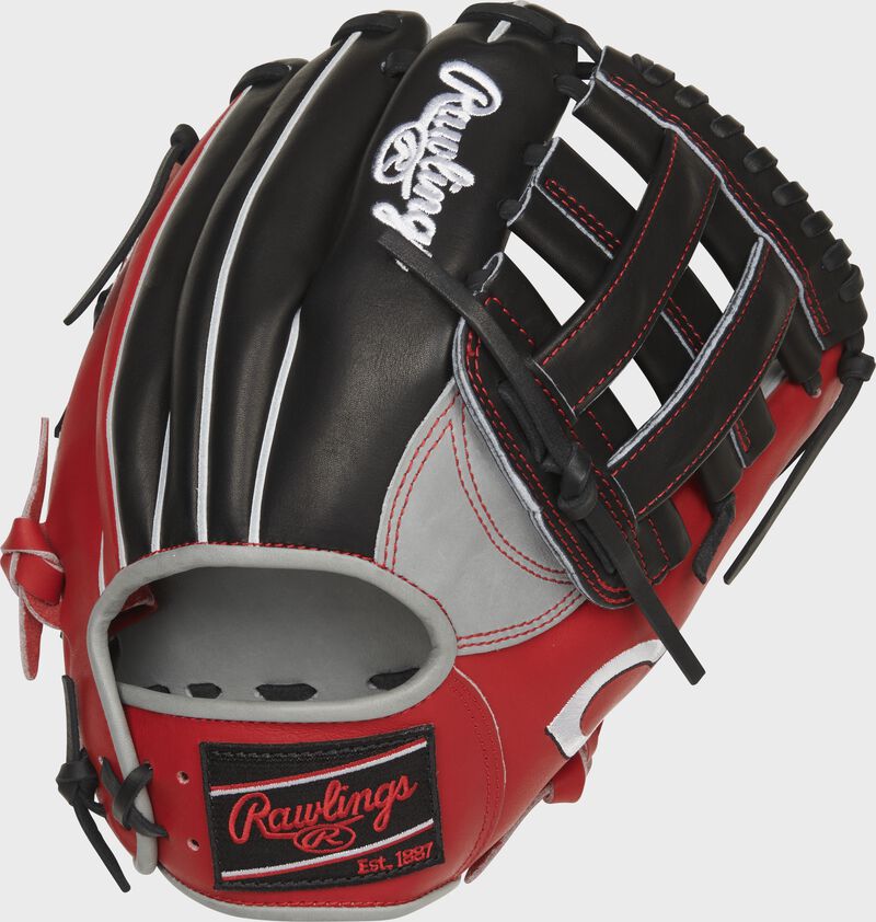 Back of a Cincinnati Reds H-web Heart of the Hide glove with a black Rawlings patch - SKU: RSGPRONP4-6CIN