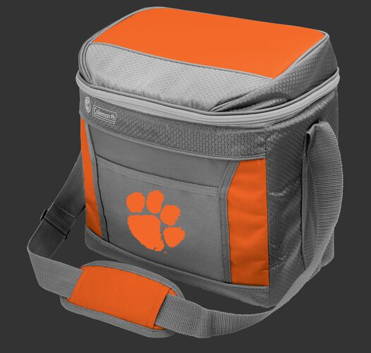 A grey NCAA Clemson Tigers 16 can cooler with the team logo on the front