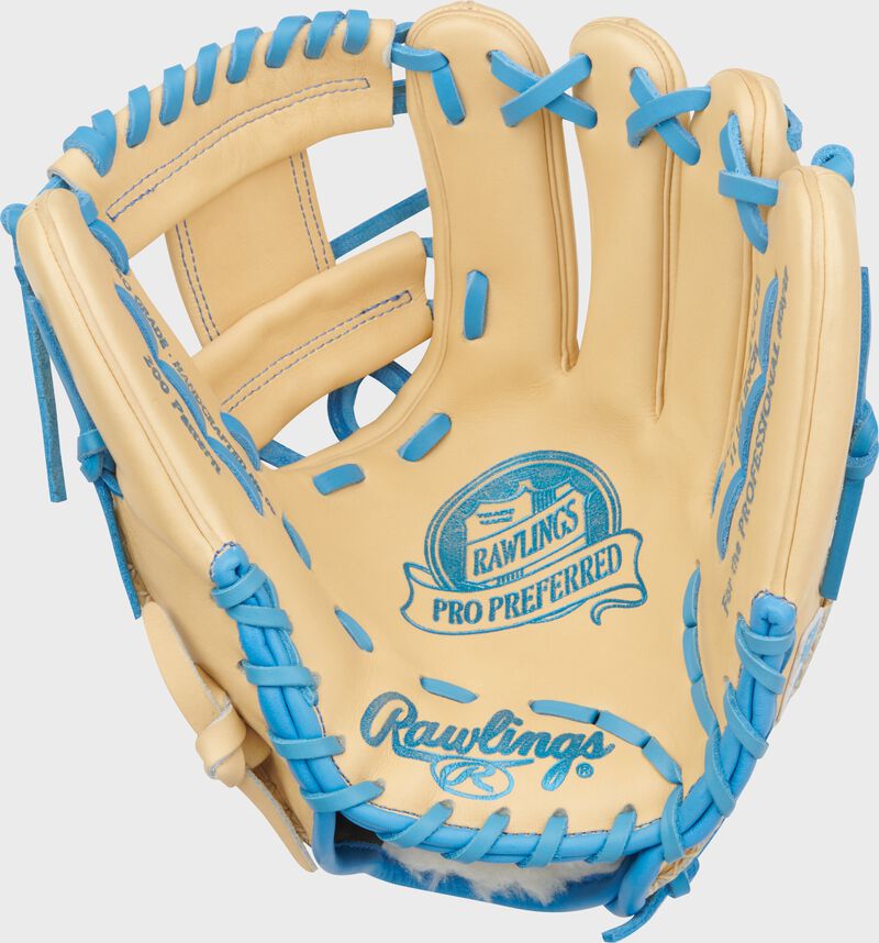Palm of a camel Rawlings Pro Preferred 11.5-Inch Infield Glove with Columbia blue stamping and 