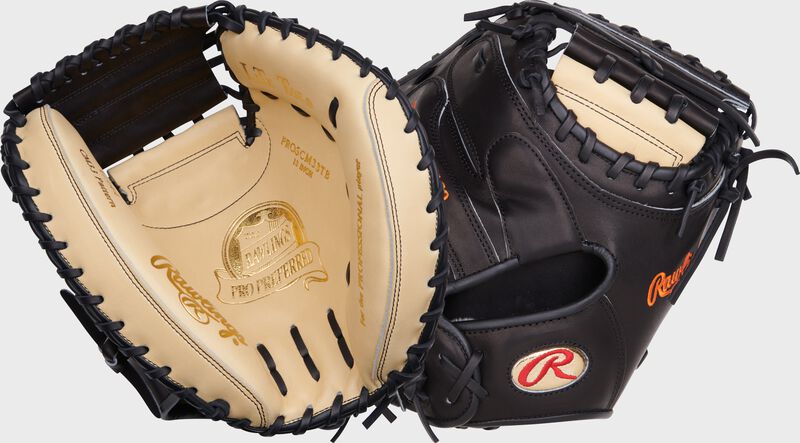 2 images showing the camel palm and black back of a Gameday 57 Tucker Barnhart Pro Preferred catcher's mitt - SKU: RPROSCM33TB-RHT