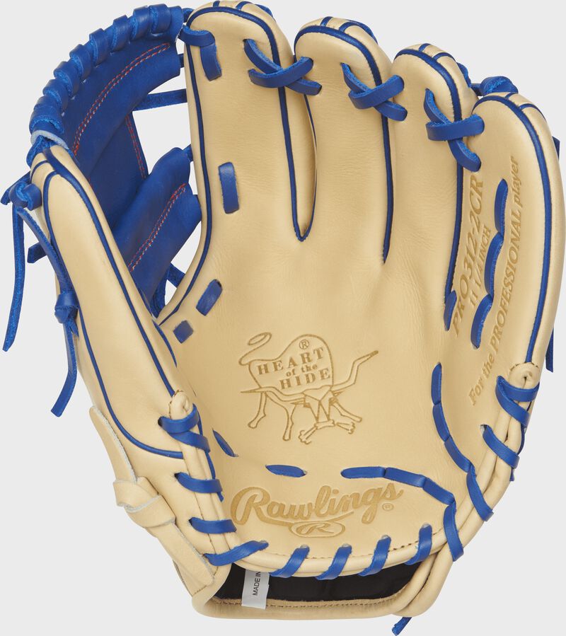 PRO312-2CR 11.25-inch Rawlings infield glove with a camel palm and royal blue laces