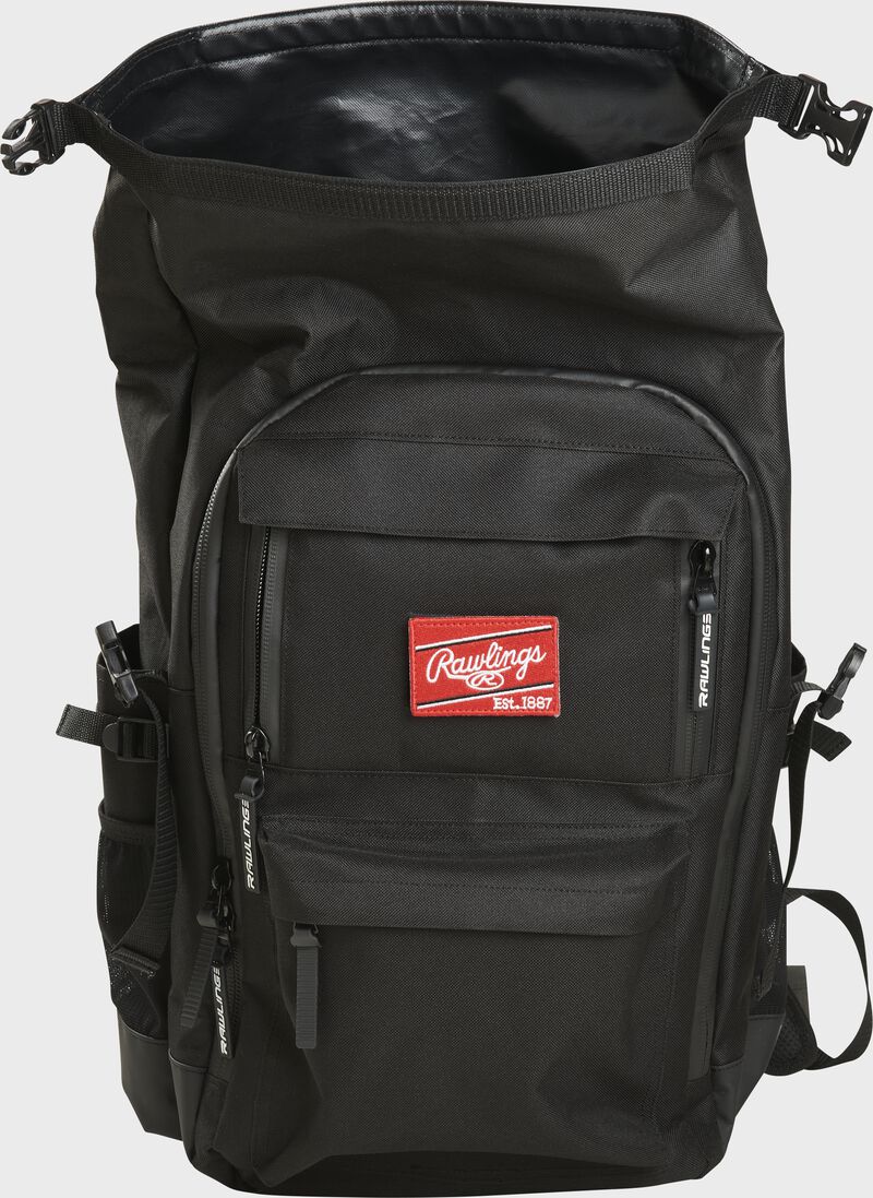 A black Rawlings CEO backpack with the roll top compartment opened up - SKU: CEOBP-B loading=