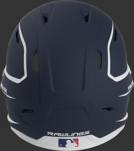 Back of a navy/white MACH high performance Junior helmet with the Official Batting Helmet of MLB logo