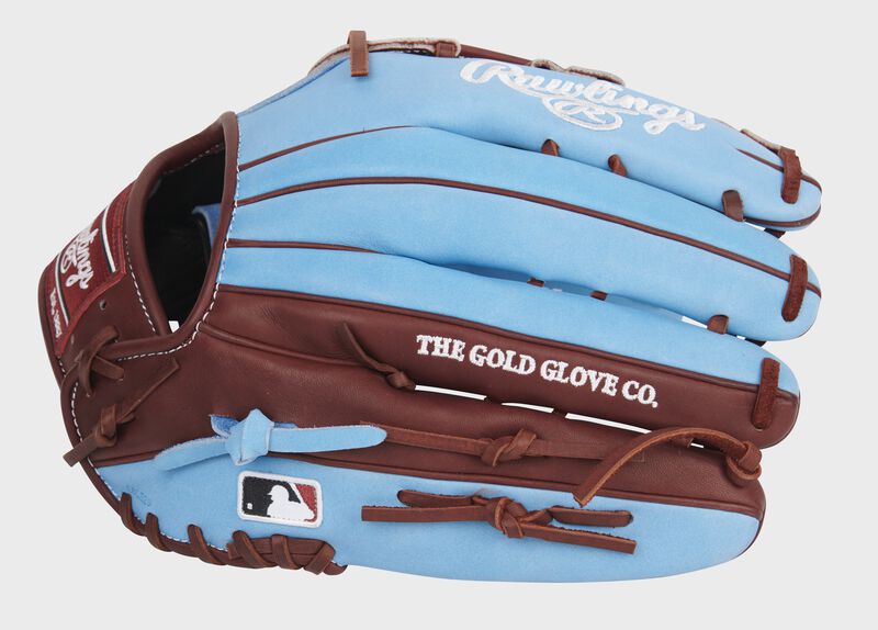 Columbia blue/maroon finger backs of a Heart of the Hide 13-Inch outfield glove with the MLB logo on the pinkie - SKU: PROBH3-6CBM
